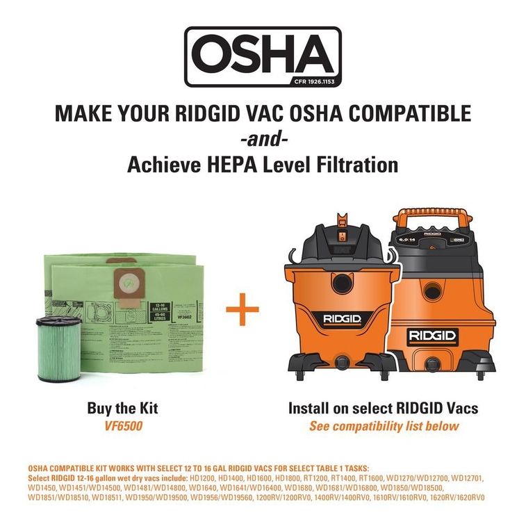 OSHA Compatible Kit with HEPA Level Filtration and Cyclonic Dust Bags for Select 12 -16 Gal WetDry S-1