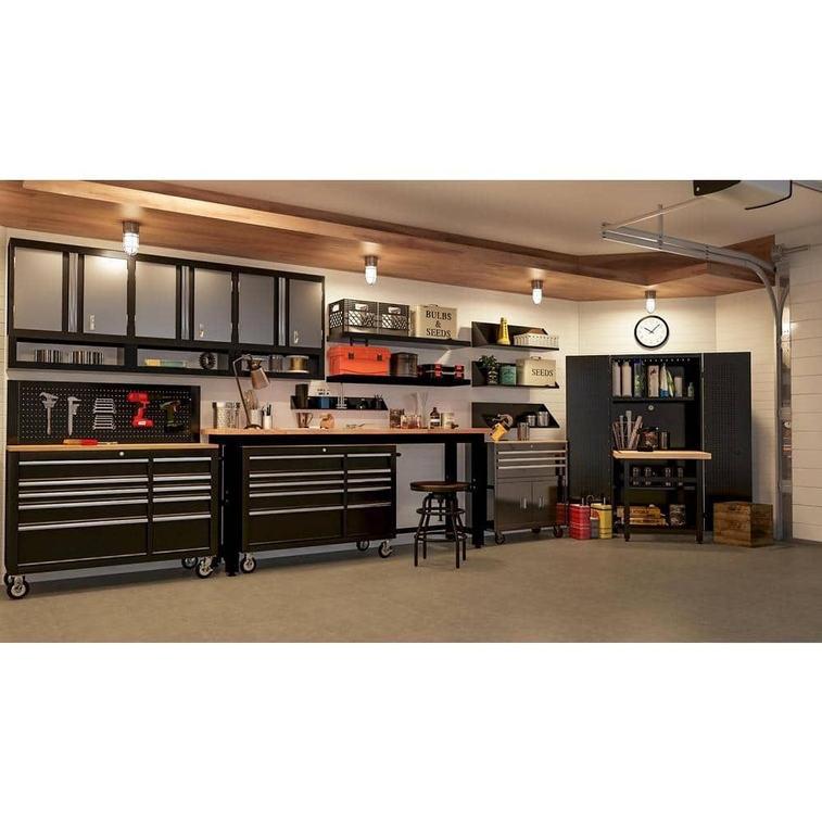 8 ft Adjustable Height Solid Wood Top Workbench in Black for Ready to Assemble Steel Garage Storage -1